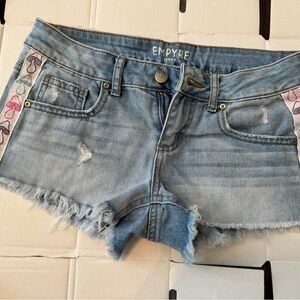 Empyre Light Blue Jean Shorts with Mushroom Accents